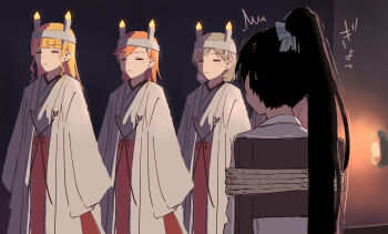 4girls =_= ^^^ black_hair blonde_hair blunt_bangs bound bow candle candle_on_head chair chihaya_(clothing) closed_eyes closed_mouth coat commentary_request cosplay frown grey_hair hair_bow hakama hakama_skirt hazuki_ren headband heanna_sumire heanna_sumire_(cosplay) high_ponytail highres jacket japanese_clothes kimono kosode long_hair long_sleeves love_live! love_live!_superstar!! medium_hair miko multiple_girls on_chair orange_hair ponytail red_hakama school_uniform shibuya_kanon short_hair sidelocks sitting skirt sleeves_past_fingers sleeves_past_wrists sound_effects sweatdrop tang_keke tied_up_(nonsexual) translation_request ushi_no_koku_mairi white_bow white_coat white_headband white_jacket white_kimono winter_uniform yuigaoka_music_program_school_uniform yukitake_(bullfalk)