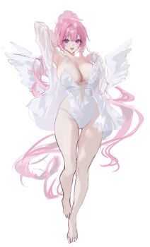 1girl absurdres alternate_costume breasts dorothy_(nikke) full_body goddess_of_victory:_nikke highres one-piece_swimsuit open_mouth pink_hair purple_eyes r0_0ong simple_background sketch smile solo swimsuit white_background white_one-piece_swimsuit white_wings wings