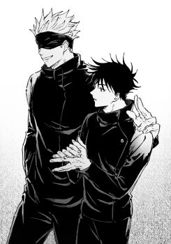 Rule 34 | 2boys, blindfold, closed mouth, commentary request, fushiguro megumi, gojou satoru, greyscale, hand in pocket, hand on another's shoulder, height difference, jacket, jj59u, jujutsu kaisen, jujutsu tech uniform, male focus, monochrome, multiple boys, short hair, simple background, smile, spiked hair, standing, teacher and student