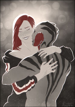 Rule 34 | alien, archive of our own, bare shoulders, commander shepard, commander shepard (female), drell, hand on another's back, highres, hug, kissing neck, mass effect (series), n7 hoodie, nimueth, smile, thane krios