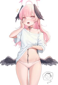 1boy 1girl ^^^ absurdres alternate_costume doodle_sensei_(blue_archive) black_wings blue_archive clothes_lift gluteal_fold hair_down halo head_wings highres koharu_(blue_archive) long_hair low_wings navel open_mouth p00nipooni panties pink_eyes pink_hair pink_halo pink_panties sensei_(blue_archive) shirt shirt_lift short_sleeves simple_background solo_focus standing t-shirt tears teeth thighs underwear upper_teeth_only white_background white_shirt wings