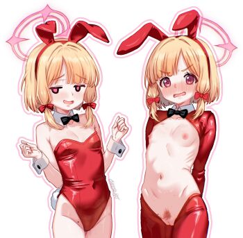 2girls absurdres animal_ears blonde_hair blue_archive blush bow bowtie cheeso_art clothed_female_nude_female covered_navel fake_animal_ears flat_chest hair_bow halo highres leotard loli midori_(blue_archive) momoi_(blue_archive) multiple_girls navel nude open_mouth pink_eyes pink_halo playboy_bunny pubic_hair pussy rabbit_ears red_leotard short_hair siblings sisters smirk strapless strapless_leotard twins white_background