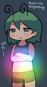 1girl antennae black_background black_panties black_sports_bra blue_eyes blush boyshort_panties commentary cowboy_shot crossed_arms english_text glaring glowing green_hair half-closed_eyes highres medium_hair mixed-language_text navel open_mouth panties rainbow_gradient rgb_lights short_hair simple_background solo sports_bra standing stomach touhou translation_request ugif underwear underwear_only v-shaped_eyebrows wriggle_nightbug