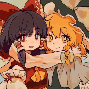 2girls artist_name ascot black_hair blonde_hair bow braid bright_pupils capelet closed_mouth detached_sleeves frilled_bow frilled_hair_tubes frills hair_bow hair_tubes hakurei_reimu hat hat_bow kirisame_marisa long_hair looking_at_viewer multiple_girls open_mouth red_bow red_eyes ribbon-trimmed_sleeves ribbon_trim scarf seiryo0425 shared_clothes shared_scarf side_braid single_braid smile touhou white_bow white_pupils white_scarf witch_hat yellow_ascot yellow_eyes yuri