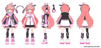 Rule 34 | 1girl, ahoge, aqua eyes, aqua jacket, black choker, black jacket, black shirt, black skirt, black socks, bow, choker, closed mouth, copyright notice, facing away, hair between eyes, hair bow, hair ornament, headphones, highres, hikari riria, indie virtual youtuber, jacket, jacket bow, kneehighs, long hair, multicolored jacket, multicolored shirt, multicolored shoes, multicolored socks, multicolored thighhighs, multiple views, murakami hisashi, official art, open clothes, open jacket, pink bow, pink hair, pink jacket, pink shirt, pink shoes, pink socks, print shirt, profile, reference sheet, shirt, shoes, single kneehigh, single sock, single thighhigh, skirt, socks, star (symbol), thighhighs, virtual youtuber, white background, white jacket, white shirt, white shoes