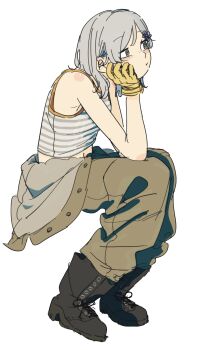 Rule 34 | 1girl, 524ryo, :t, absurdres, bare shoulders, black boots, boots, brown jumpsuit, closed mouth, commentary request, full body, gloves, grey eyes, grey hair, grey shirt, highres, invisible chair, jumpsuit, lace-up boots, medium hair, metal gear (series), metal gear rising: revengeance, midriff, navel, open jumpsuit, shirt, simple background, sitting, sleeveless, sleeveless shirt, solo, striped clothes, striped shirt, sunny emmerich, white background, yellow gloves