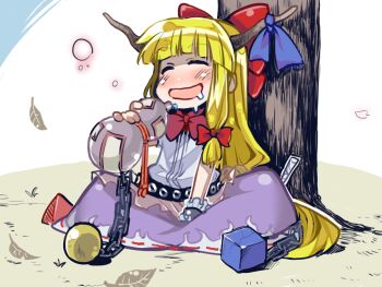 1girl asakawa_remon blonde_hair blunt_bangs blush bow bowtie brown_horns chain closed_eyes commentary_request cube drunk full_body gourd hair_bow horn_bow horn_ornament horns ibuki_suika leaf long_hair open_mouth orb purple_skirt pyramid_(geometry) red_bow red_bowtie red_eyes ribbon-trimmed_skirt ribbon_trim shirt sidelocks sitting skirt sleeveless sleeveless_shirt smile solo touhou tree under_tree very_long_hair white_shirt wrist_cuffs
