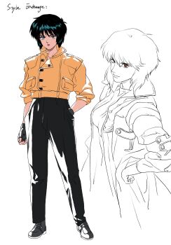 2girls aizheajsee black_hair black_outline black_pants blue_eyes english_text full_body ghost_in_the_shell ghost_in_the_shell:_stand_alone_complex hand_in_pocket hand_on_own_hip highres jacket kusanagi_motoko medium_hair multiple_girls multiple_persona official_style outline pants spot_color white_background yellow_jacket