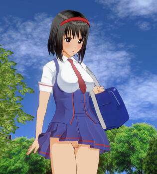 1girl 3d bag black_hair blue_dress blue_eyes blush bookbag breasts classmate_daisuki cleft_of_venus cloud dress female_focus hairband holding looking_down medium_breasts necktie no_panties parted_lips pussy red_necktie school_uniform shirt short_hair short_sleeves sky solo standing tree uncensored white_shirt wind wind_lift
