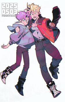 2025 2boys arm_around_back black_boots black_pants blonde_hair boots dragon_ball dragonball_z full_body furrowed_brow highres hood hood_down jacket male_focus multiple_boys muscular muscular_male open_mouth pants parted_bangs pectorals purple_hair red_jacket sasaki_tomomi short_hair smile son_gohan son_gohan_(future) trunks_(dragon_ball) trunks_(future)_(dragon_ball) twitter_username