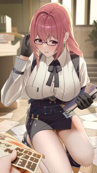 1boy 1girl absurdres bare_legs black-framed_eyewear black_gloves black_ribbon black_shoes black_skirt blush breasts button_gap collared_shirt commentary_request earrings folder glasses gloves hair_between_eyes hand_up high-waist_skirt highres holding holding_folder huge_breasts id_card indoors jewelry jumonji large_variant_set legs light_smile long_hair long_sleeves looking_at_viewer messy_room neck_ribbon office paid_reward_available parted_lips partial_commentary pink_eyes pink_hair pov pov_hands revision ribbon semi-rimless_eyewear shirt shoes sidelocks skirt solo_focus squatting tsukishiro_yanagi under-rim_eyewear variant_set white_shirt zenless_zone_zero