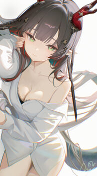 1girl absurdres aqua_hair arknights arknights:_endfield artist_name black_bra black_hair blunt_bangs bra bra_peek breasts buttons chromatic_aberration cleavage closed_mouth collarbone collared_shirt commentary dragon_girl dragon_horns dragon_tail dutch_angle english_commentary green_eyes hair_intakes hair_lift hair_ornament highres horns large_breasts long_hair long_sleeves looking_at_viewer lying multicolored_hair nail_polish nyarnya on_side partially_unbuttoned pink_nails pointy_ears red_hair red_horns shirt sidelocks simple_background single_bare_shoulder single_off_shoulder sleeves_past_wrists solo streaked_hair tail thighs underwear very_long_hair white_background white_shirt zhuang_fangyi_(arknights)