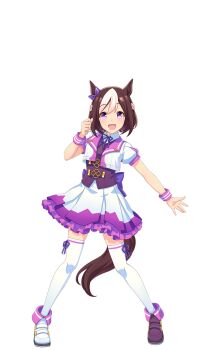 1girl 3d animal_ears armband asymmetrical_footwear black_shoes black_vest bob_cut braid brown_hair crown_braid frilled_skirt frills full_body game_model highres horse_ears horse_girl horse_tail jacket looking_at_viewer miniskirt mismatched_footwear multicolored_hair official_art open_mouth pleated_skirt puffy_short_sleeves puffy_sleeves purple_eyes revision shoes short_hair short_sleeves skirt smile solo special_week_(special_dreamer)_(umamusume) special_week_(umamusume) standing tail thighhighs transparent_background two-tone_hair umamusume vest white_hair white_jacket white_shoes white_skirt white_thighhighs wristband