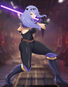 1girl absurdres backless_outfit bodysuit boots breasts camilla_(fire_emblem) deepspace energy_sword fire_emblem fire_emblem_fates highres lightsaber long_hair looking_at_viewer mara_jade medium_breasts nintendo purple_eyes purple_hair smile solo star_wars sword weapon