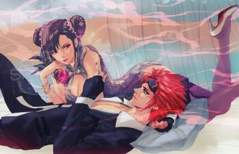 1boy 1girl animal_print aqua_eyes arm_behind_head asymmetrical_bangs bangle black_gloves black_hair black_jacket black_pants black_suit bracelet breasts china_dress chinese_clothes cigarette cleavage cleavage_cutout clothing_cutout collared_shirt commission double_bun dress earrings facial_mark final_fantasy final_fantasy_vii final_fantasy_vii_remake fingerless_gloves fishnet_thighhighs fishnets flower foot_up formal_clothes gloves goggles goggles_on_head hair_bun hair_ornament head_on_hand holding holding_cigarette jacket jewelry large_breasts leopard_print looking_at_another lying official_alternate_costume on_back on_stomach pants parted_lips pectorals pink_flower pink_rose pump red_eyes red_hair reno_(ff7) rose shirt short_hair short_sleeves side_slit single_earring smoke smoking spiked_hair spykeee square_enix suit suit_jacket tassel tassel_hair_ornament thighhighs thighs tifa_lockhart tifa_lockhart_(sporty_dress) wall_market watermark white_footwear white_shirt