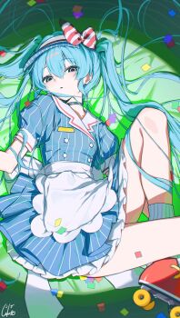 1girl apron aqua_eyes aqua_hair blue_eyes blue_hair blue_shirt blue_skirt breasts choker commentary_request confetti hair_between_eyes hatsune_miku highres long_hair looking_at_viewer lying maid_apron mesmerizer_(vocaloid) ningen_mame on_side ribbed_socks roller_skates shirt short_sleeves skates skirt small_breasts socks solo striped_clothes twintails very_long_hair visor_cap vocaloid waitress white_apron white_socks