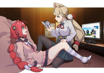 2girls absurdres alice_(kyokugen_dasshutsu) animal_ears aris_(blue_archive) between_legs black_pantyhose blonde_hair blush braid cardigan closed_mouth collared_shirt commentary english_commentary green_eyes green_skirt hand_on_another's_leg headphones highres holding holding_manga manga_(object) mizushina_hotaru monitor multiple_girls netsuzou_trap no_pants okazaki_yuma open_mouth pantyhose pink_cardigan pleated_skirt rabbit_ears red_hair ritore shirt skirt smile twin_braids white_shirt yellow_eyes yuri yuri_(object) zenless_zone_zero