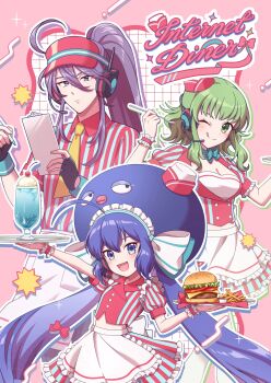 Rule 34 | 1boy, 2girls, :d, ;p, ahoge, alternate costume, apron, blue choker, blue eyes, blue hair, blue hat, blue shirt, blue wrist cuffs, bow, bow choker, breasts, burger, cherry, choker, clipboard, collared shirt, commentary request, drink, eel hat, english text, expressionless, fingerless gloves, food, french fries, frilled apron, frilled skirt, frilled sleeves, frilled wrist cuffs, frills, fruit, gloves, goblet glass, green eyes, green hair, grid background, gumi, hair between eyes, hair bow, hat, headset, high ponytail, highres, holding, holding clipboard, holding pen, holding tray, ice cream, ice cream float, kamui gakupo, long hair, long sidelocks, looking at viewer, low twintails, maid headdress, medium hair, midriff, multiple girls, necktie, norikkonori, one eye closed, open mouth, otomachi una, otomachi una (sugar), pen, pillbox hat, pink background, pink bow, pink shirt, pink trim, pink visor, pink wrist cuffs, ponytail, puffy short sleeves, puffy sleeves, purple hair, ribbon-trimmed headwear, ribbon trim, shirt, short sleeves, sidelocks, skirt, smile, striped clothes, striped shirt, striped skirt, thighhighs, tongue, tongue out, tray, twintails, two-tone shirt, upper body, vertical-striped clothes, vertical-striped shirt, vertical-striped skirt, very long hair, visor cap, vocaloid, waist apron, waist bow, waiter, waitress, white apron, white hat, white shirt, white thighhighs, wrist cuffs, yellow necktie