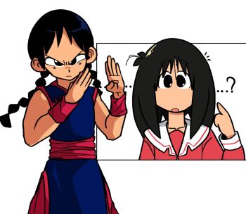 Rule 34 | 2girls, ?, azumanga daioh's school uniform, azumanga daiou, black hair, blue dress, braid, chi-chi (dragon ball) (cosplay), china dress, chinese clothes, confused, cosplay, crossover, dragon ball, dress, frown, kasuga ayumu, long hair, martial arts, multiple girls, pelvic curtain, rachel handlebarz, school uniform, side slit, twin braids, white background, woolskullman, yuri