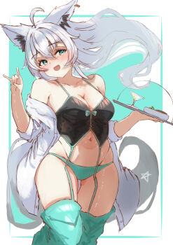 absurdres ahoge animal_ear_fluff animal_ear_piercing animal_ears aqua_eyes blush breasts cleavage collarbone commentary_request fox_ears fox_girl fox_shadow_puppet fox_tail green_panties hair_between_eyes hair_ornament highres holding holding_tray hololive long_hair medium_breasts navel open_clothes open_mouth open_shirt panties pentagram shirakami_fubuki shirt smile stomach tail tazrn1 tray underwear virtual_youtuber white_shirt