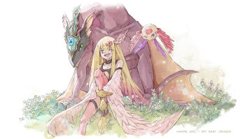 Rule 34 | 1girl, armored animal, bare shoulders, blonde hair, blue eyes, breasts, character name, claws, commentary request, dragon, duel monster, feathered wings, feathers, hair ornament, harpie's pet dragon, harpie girl (yu-gi-oh!), harpy, heart, heart hair ornament, long hair, medium breasts, monster girl, one eye closed, open mouth, pink feathers, pink wings, revealing clothes, talons, tamago (xyxk3743), teeth, thighhighs, upper teeth only, white background, winged arms, wings, yu-gi-oh!