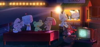 1girl 1other 5boys animal_ears blush bow bowtie cat_boy chibikemo closed_eyes commentary dog_ears doko_demo_issyo everyone food_stand frog_boy furry furry_female furry_male headband highres humanoid_robot inoue_toro kuro_(doko_demo_issyo) mihara_jun multiple_boys open_mouth outdoors r_suzuki rabbit_ears rabbit_girl red_bow red_bowtie red_headband ricky_(doko_demo_issyo) robot sitting smile sora_(doko_demo_issyo) television wolfaroon yamamoto_pierre