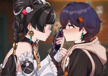 2girls absurdres aqua_nails bare_shoulders belle_(zenless_zone_zero) black_hair black_shirt blue_hair blurry blurry_background blush braid braided_twintails bwcloud china_dress chinese_clothes commentary_request corded_phone detached_sleeves dialyn_(zenless_zone_zero) double_bun dress earrings finger_to_another's_mouth finger_to_mouth from_side green_eyes hair_between_eyes hair_bun hair_extensions hair_ornament heart highres holding holding_phone jewelry letter_hair_ornament long_hair multicolored_hair multicolored_nails multiple_girls necktie phone red_nails ring_hair_extensions shirt short_hair shushing sleeveless sleeveless_jacket sparkling_eyes split-color_hair white_hair yellow_eyes yellow_necktie yuri zenless_zone_zero