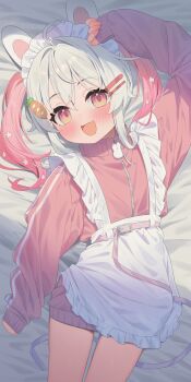 1girl :d ahoge animal_ears apron arm_up bed_sheet blush carrot_hair_ornament commission fang food-themed_hair_ornament frilled_apron frills hair_ornament hairclip highres jacket jersey_maid long_sleeves looking_at_viewer lying maid maid_apron maid_headdress multicolored_hair on_back open_mouth original pink_hair pink_jacket rabbit_ears red_eyes skeb_commission sleeves_past_wrists smile solo tofu1601 track_jacket twintails two-tone_hair unconventional_maid white_apron white_hair zipper
