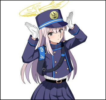 Rule 34 | 1girl, armband, belt, black belt, blue archive, blue armband, blue hat, blue skirt, closed mouth, commentary request, cosplay, gloves, grey eyes, halo, hands up, hat, hikari (blue archive), hikari (blue archive) (cosplay), long hair, long sleeves, looking at viewer, pink hair, pleated skirt, rave10 11, simple background, skirt, solo, standing, toji no miko, tsubakuro yume, white background, white gloves