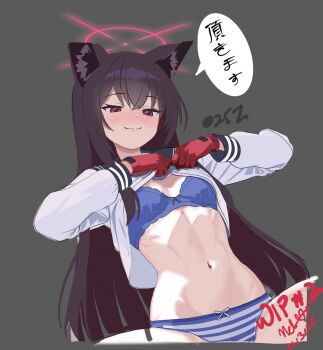 1girl :3 animal_ear_fluff animal_ears artistic_error bilingual_commentary black_hair blue_archive blue_bra blue_panties blue_sailor_collar blush bow bow_panties bra breasts closed_mouth clothes_lift commentary cowboy_shot dutch_angle eyelashes fox_ears fox_girl gloves grey_background hair_between_eyes halo hands_up highres lace lace-trimmed_bra lace_trim lifting_own_clothes long_hair long_sleeves melissa_v2 mixed-language_commentary naughty_face navel nose_blush panties red_eyes red_gloves red_halo romaji_commentary sailor_collar school_uniform serafuku shirt shirt_lift signature simple_background small_breasts smile solo speech_bubble spread_legs stomach straight_hair striped_clothes striped_panties translated tsurime underwear undressing very_long_hair white_bow white_shirt yukino_(blue_archive)