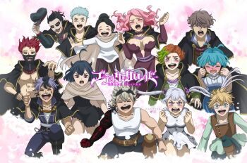 5girls 6+boys asta_(black_clover) black_clover black_hair blonde_hair breasts charmy_pappitson cleavage closed_eyes finral_roulacase gordon_agrippa green_eyes grey_(black_clover) grey_hair highres large_breasts long_hair luck_voltia multiple_boys multiple_girls noelle_silva open_mouth pink_hair purple_eyes red_hair secre_swallowtail twintails vanessa_enoteca zora_ideale