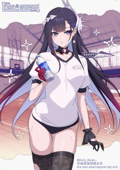 1girl alternate_costume aoi_suzu asymmetrical_gloves black_buruma black_collar black_gloves black_hair black_thighhighs blue_hair blurry blurry_background bottle breasts buruma collar collarbone colored_inner_hair commentary_request earclip floating_hair gloves gym gym_uniform hair_ornament highres holding holding_bottle honkai:_star_rail honkai_(series) hysilens_(honkai:_star_rail) indoors long_hair looking_at_viewer medium_breasts mismatched_gloves multicolored_hair name_tag parted_lips purple_eyes red_gloves scales shirt short_sleeves solo standing streaked_hair sweat thighhighs thighs torn_clothes torn_thighhighs very_long_hair water_bottle white_shirt x_hair_ornament
