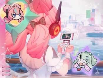 +_+ 3girls ? absurdres angel_wings blue_eyes bow cellphone chibi chinatsu_remiel fingerless_gloves frilled_sleeves frills gloves green_hair hair_bow halo highres holding holding_phone long_hair multiple_girls official_art phone pink_hair quad_tails susan_(zenless_zone_zero) wings yutane_johiel zenless_zone_zero