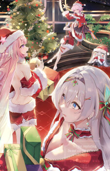 4girls absurdres alternate_costume back backless_outfit bare_back black_skirt bow box breasts capelet carrying christmas_tree cleavage commentary cyrene_(demiurge)_(honkai:_star_rail) cyrene_(honkai:_star_rail) decorating_christmas_tree diamond-shaped_pupils diamond_(shape) dress earrings elphe english_commentary firefly_(honkai:_star_rail) fur-trimmed_capelet fur-trimmed_dress fur_trim gift gift_box grey_hair hair_bow hairband hat highres holding honkai:_star_rail honkai_(series) indoors jewelry long_hair looking_at_another looking_at_viewer march_7th_(honkai:_star_rail) medium_breasts multiple_girls open_mouth parted_lips pink_hair pointy_ears pom-pom_(honkai:_star_rail) purple_eyes red_capelet red_dress red_skirt santa_hat shoulder_carry sidelocks signature skirt stelle_(honkai:_star_rail) sweatdrop symbol-shaped_pupils trailblazer_(honkai:_star_rail) tripping watermark
