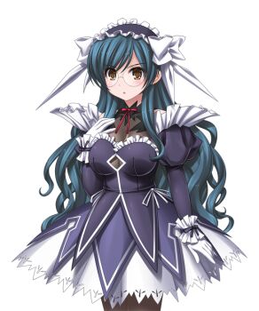 1girl blue_hair breasts brown_eyes dress game_cg glasses gloves green_hair hairband headdress higuchi_isami large_breasts long_hair magical_girl mahou_shoujo_sae maid maid_headdress nishijima_shouko non-web_source official_art pantyhose ribbon rimless_eyewear solo transparent_background variant_set white_gloves