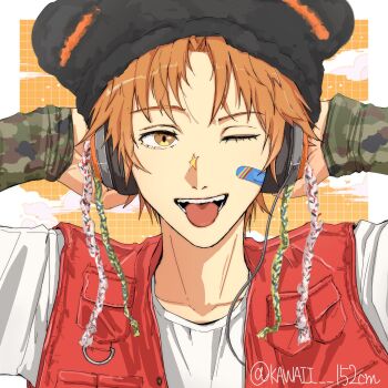 Rule 34 | 1boy, :p, alternate costume, arms up, bandaid, bandaid on cheek, bandaid on face, black hat, brown eyes, brown hair, collarbone, commentary, eyelashes, hanamura yousuke, hat, headphones, highres, long sleeves, looking to the side, male focus, persona, persona 4, red vest, shirt, short hair, solo, sticker, symbol-only commentary, teeth, tongue, tongue out, twitter username, upper body, usa (kawaii 152cm), vest, white shirt