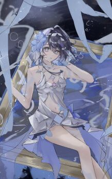 Rule 34 | 1girl, black hair, blue eyes, blue flower, blue hair, colored inner hair, dress, flower, hair flower, hair ornament, highres, honkai (series), honkai impact 3rd, multicolored hair, navel, parted lips, s2 oo, seele vollerei, seele vollerei (herrscher of rebirth), short hair, sitting, solo, strapless, strapless dress, two-tone hair