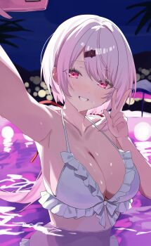 Rule 34 | 1girl, absurdres, arm up, armpits, backlighting, bare arms, bare shoulders, bikini, breasts, cleavage, collarbone, commentary request, frilled bikini, frills, front-tie top, gradient hair, grin, hair ornament, hairclip, halterneck, hand up, highres, large breasts, looking at viewer, multicolored hair, nijisanji, partially submerged, pink eyes, pink hair, pool, selfie, shiina yuika, short hair, smile, solo, string bikini, swimsuit, tillots, v, virtual youtuber, wet, white bikini