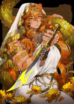 Rule 34 | 1girl, animal, animal ears, arm tattoo, black background, breasts, commentary, cowboy shot, eyelashes, flower, forehead jewel, hair between eyes, hand up, highres, holding, holding animal, holding snake, holding sword, holding weapon, large breasts, lion ears, lion girl, long hair, looking at viewer, muscular, muscular female, nose, orange eyes, orange hair, original, parted lips, sitting, snake, solo, sunflower, sword, symbol-only commentary, tattoo, toga, twitter username, veil, very long hair, watermark, weapon, white veil, yusu zune