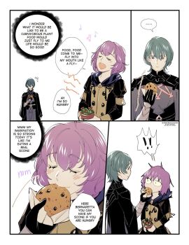 ! !! 1boy 1girl armor bernadetta_von_varley black_armor blue_hair male_byleth_(fire_emblem) closed_eyes closed_mouth comic darkgreyclouds eating english_text fire_emblem fire_emblem:_three_houses food garreg_mach_monastery_uniform highres holding holding_food hood hood_down long_sleeves nintendo open_mouth plant purple_hair scone short_hair surprised