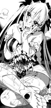 1girl bare_shoulders black_nails boots commentary_request crossed_legs elbow_gloves fate/strange_fake fate_(series) fingerless_gloves fog francesca_prelati_(fate) garter_straps gloves hair_ornament hand_on_own_face highres ireading long_hair monochrome nail_polish solo sweat thigh_boots white_boots