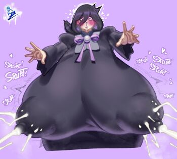 Rule 34 | 1girl, blush, breasts, covered erect nipples, curvy, dress, earrings, female focus, gigantic breasts, heart, heart-shaped pupils, hex maniac (pokemon), hex maniac (pokemon legends: z-a), highres, jewelry, lactation, lactation through clothes, long hair, looking up, mr-blue, nintendo, pokemon, pokemon legends: z-a, solo, symbol-shaped pupils, wide hips