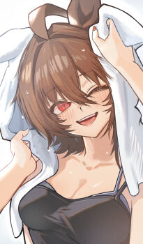 1girl 1other ;d absurdres agnes_tachyon_(umamusume) ahoge animal_ears blush breasts brown_hair cleavage commentary_request hair_between_eyes highres horse_ears horse_girl medium_breasts mushrooming_man one_eye_closed open_mouth red_eyes short_hair smile solo_focus teeth towel towel_on_head umamusume upper_body upper_teeth_only