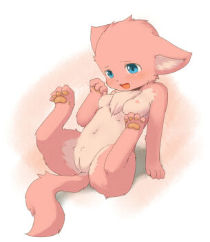 Rule 34 | 1girl, animal ears, animal hands, barefoot, blue eyes, blush, breasts, feet, female focus, furry, furry female, ka (pixiv341010), kagerofu, nude, open mouth, pawpads, pink hair, pussy, soles, solo, tail, uncensored