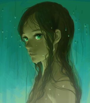 1girl aonuma_neiru aqua_background bare_shoulders dark-skinned_female dark_skin expressionless eyelashes gradient_background green_background green_eyes green_theme highres jya_yan lips long_hair looking_ahead looking_at_viewer messy_hair nose nude parted_lips portrait solo wet wonder_egg_priority