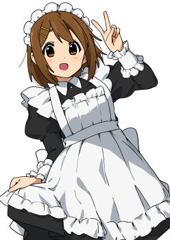 1girl absurdres apron blush brown_eyes brown_hair commentary_request dress hair_ornament hairpin highres hirasawa_yui k-on! kicchi_(tmgk) long_sleeves looking_at_viewer maid maid_apron maid_headdress open_mouth short_hair solo v white_apron white_background