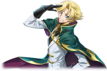1boy arm_up artist_request black_gloves black_shirt blonde_hair blue_eyes cape code_geass code_geass:_lost_stories cropped_torso from_side game_cg gino_weinberg gloves green_cape grin hair_intakes hand_on_own_hip happy high_collar highres jacket long_sleeves looking_at_viewer male_focus military_uniform non-web_source official_art salute shirt short_hair sidelocks simple_background smile solo standing teeth transparent_background two-finger_salute two-sided_cape two-sided_fabric upper_body white_jacket