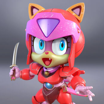 3d animal_ears armor armored_gloves armored_legwear bell blue_eyes blue_gemstone breastplate cat cat_ears cat_tail collar fang franciscomendoza full_armor gem grey_background helmet highres holding holding_sword holding_weapon katana knee_pads kyatto_ninden_teyandee looking_to_the_side neck_bell ninjatou open_mouth pink_fur plate_armor pururun_(kyatto_ninden_teyandee) red_armor scabbard sharp_teeth sheath short_sword shoulder_armor simple_background smile sword tail teeth tongue upper_teeth_only weapon