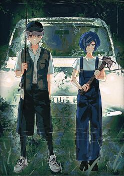 2boys alternate_costume axe blue_eyes blue_hair blue_overalls car closed_mouth fishing_rod grey_hair hair_over_one_eye highres holding holding_axe holding_fishing_rod male_focus motor_vehicle multiple_boys narukami_yu overalls persona persona_3 persona_4 shirt shoes sneakers songbingchu standing vest white_shirt white_shoes yuuki_makoto_(persona_3)