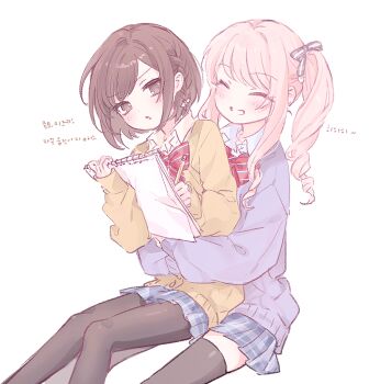 1girl 1other akiyama_mizuki black_pantyhose bow bowtie brown_hair cardigan closed_eyes collared_shirt grin holding holding_pencil holding_sketchbook hug hug_from_behind long_hair long_sleeves medium_hair mipi_(u3u_00) pantyhose pencil pink_hair pleated_skirt project_sekai shinonome_ena shirt side_ponytail sketchbook skirt smile thighhighs translation_request yellow_cardigan